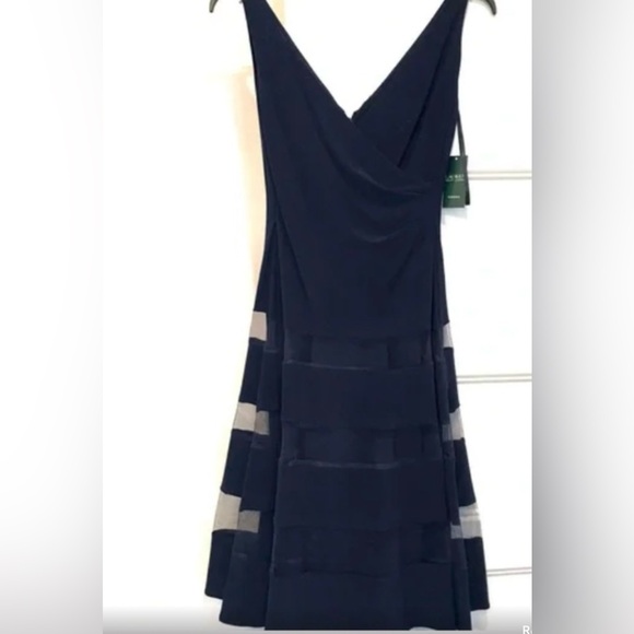 Elegant Ralph Lauren Navy Surplice V-Neck Stretch Midi Dress Size 16 - Picture 2 of 5